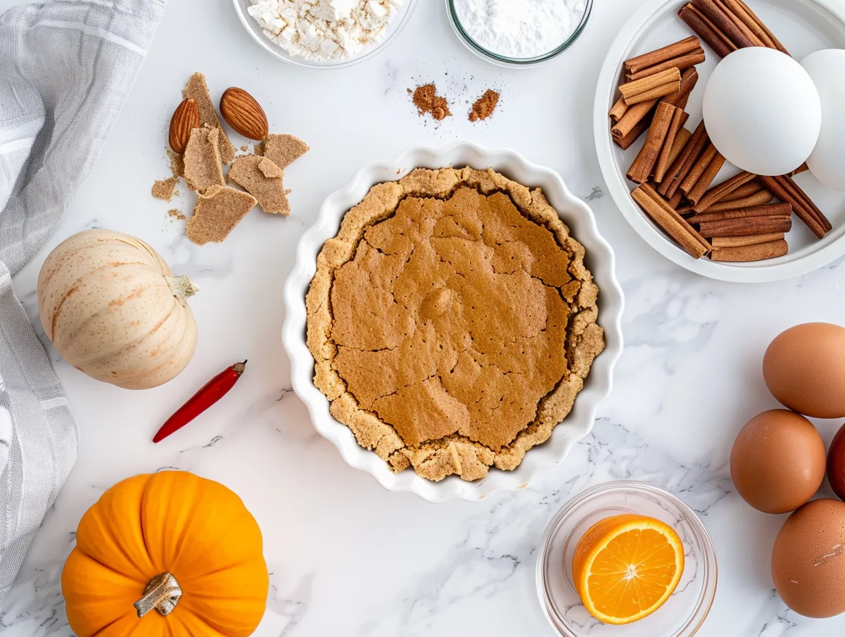 Ingredients for making pumpkin cookie pie, including flour, sugar, pumpkin puree, chocolate chips, and spices arranged on a wooden surface.