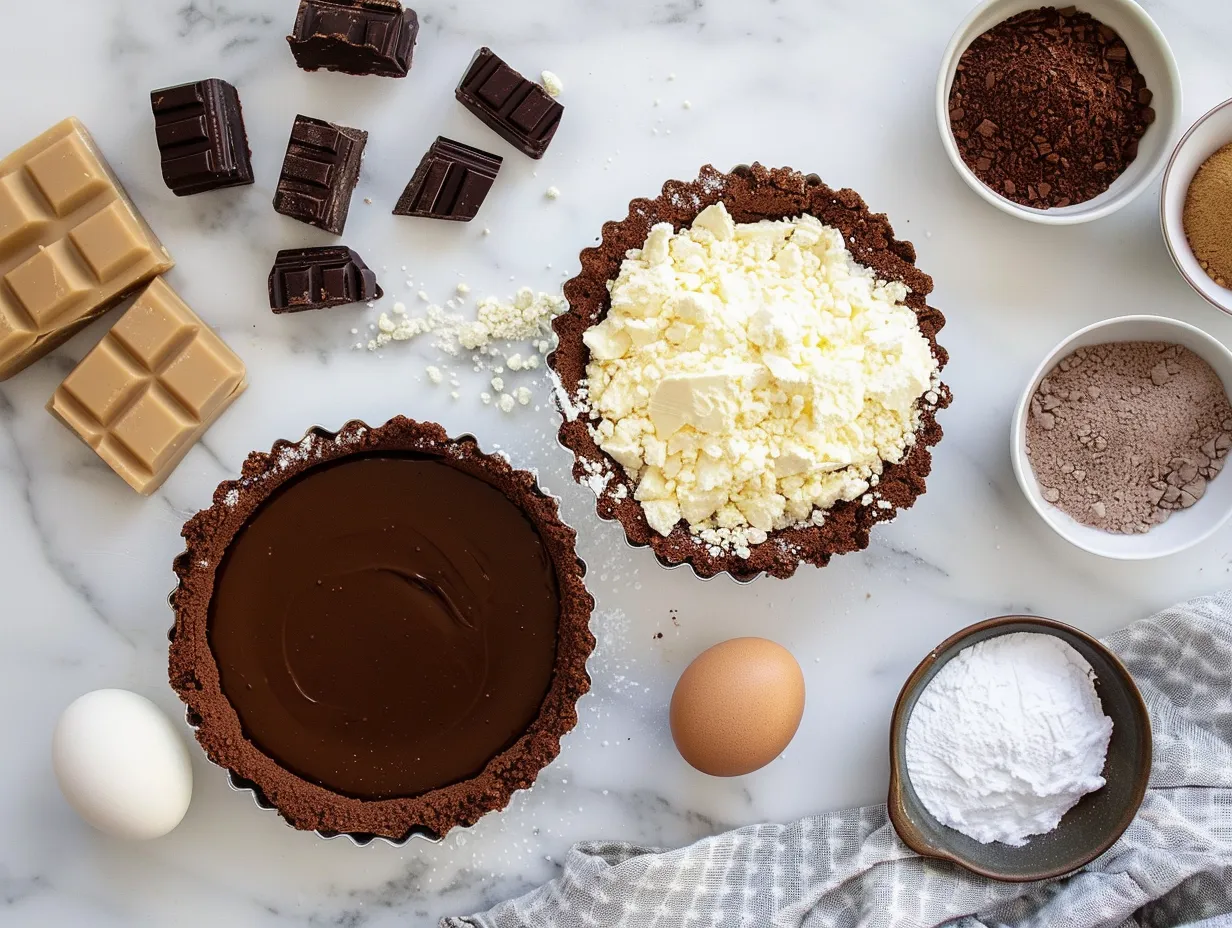 A selection of raw ingredients, including flour, sugar, eggs, and chocolate chips, laid out on a wooden table for making Homemade Boston Cream Pie.
