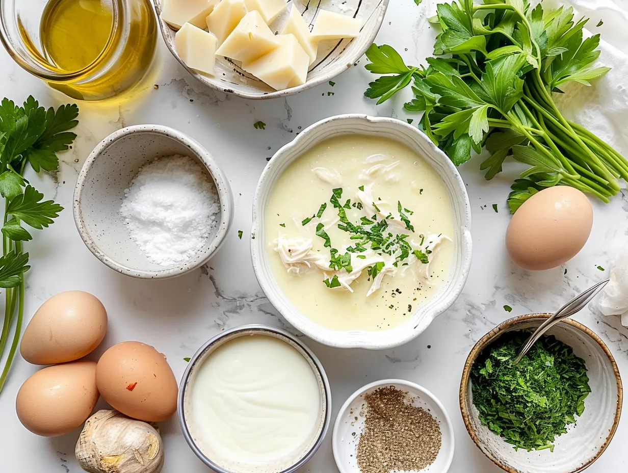 Raw ingredients for making Chicken Alfredo Soup, including chicken, pasta, garlic, and cream.