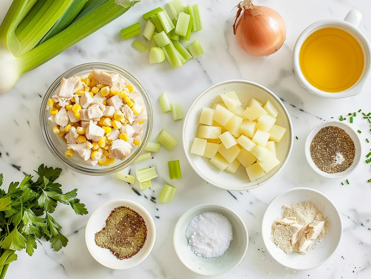 Ingredients for homemade chicken corn chowder including chicken, corn, potatoes, and spices.
