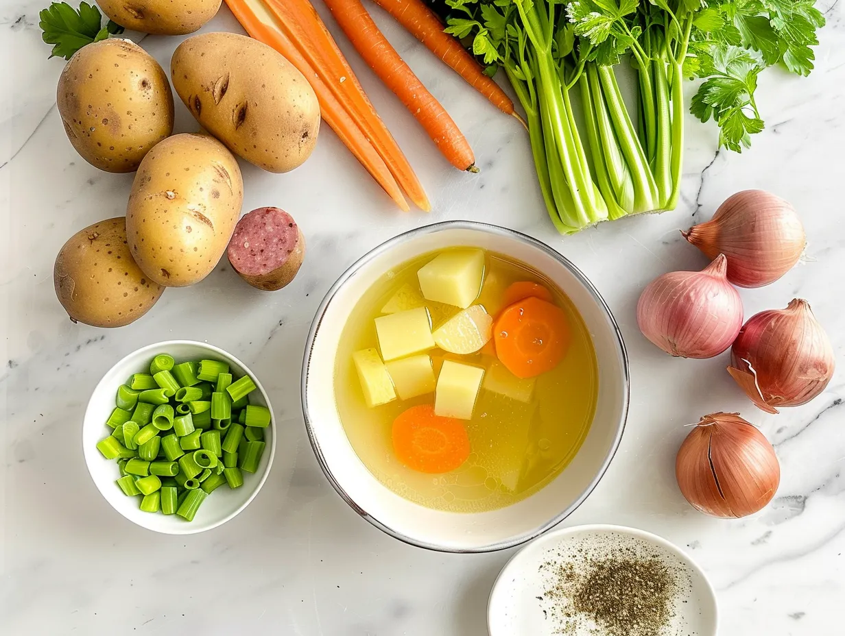 Ingredients for making German Potato Soup including Yukon Gold potatoes, onions, carrots, celery, broth, sausage, and spices.