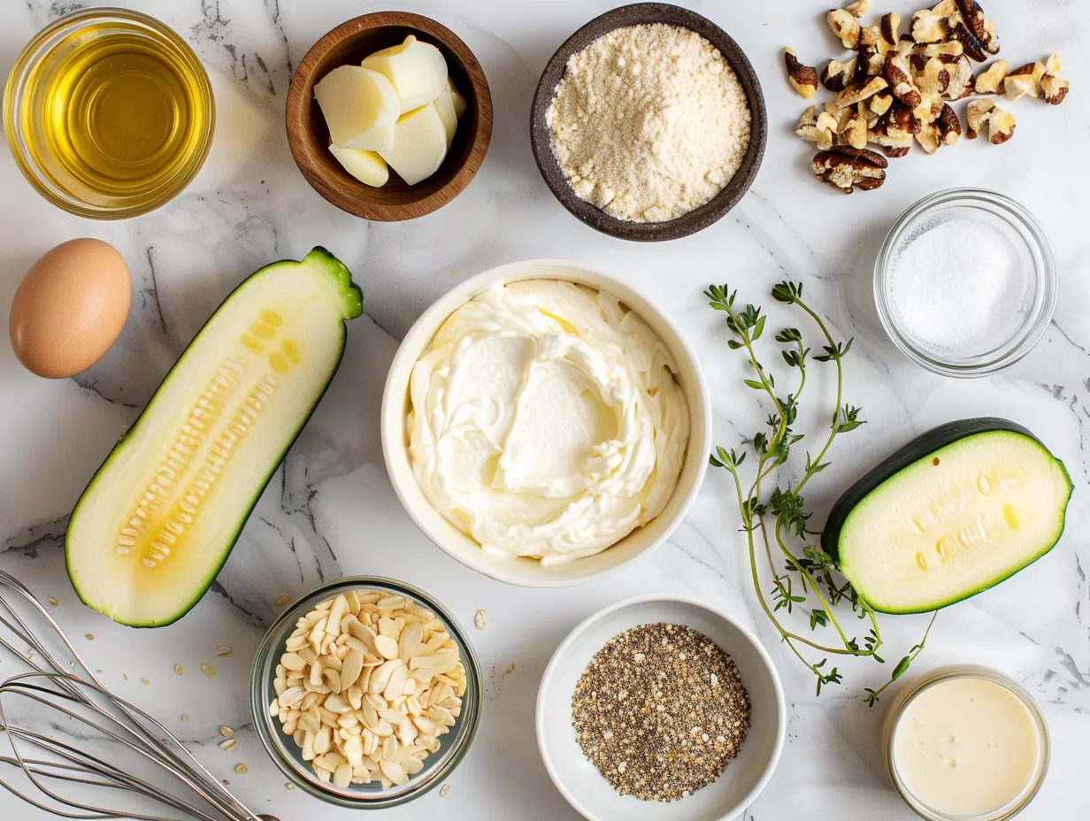 Ingredients for making Greek yogurt zucchini bread including flour, zucchini, eggs, yogurt, sugar, and spices