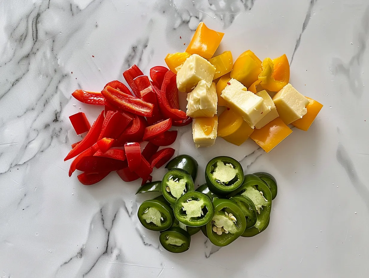 Ingredients for Spicy Jalapeño Popper Cheese Ball including cream cheese, cheddar cheese, jalapeños, and spices