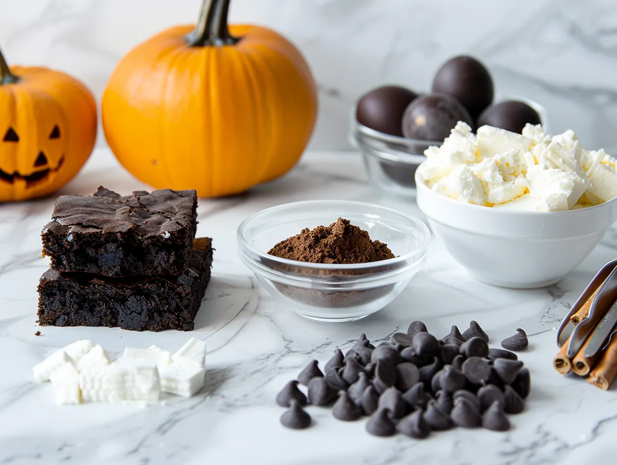 Raw ingredients including butter, sugar, eggs, flour, cocoa, cream cheese, and Halloween sprinkles for making loaded cream cheese Halloween brownies