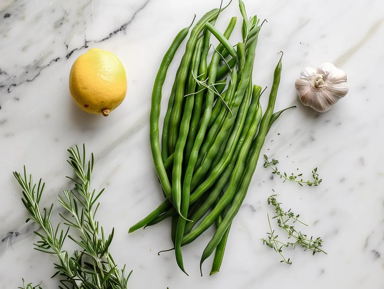 Raw ingredients for Loaded Green Bean Casserole including green beans, bacon, onion, garlic, cream cheese, sour cream, cheddar cheese, parmesan cheese, smoked paprika, nutmeg, salt, pepper and crispy fried onions.