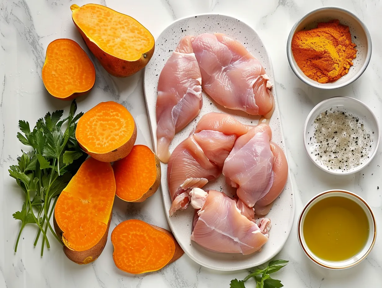 Raw ingredients for maple glazed chicken and sweet potatoes, including chicken breasts, sweet potatoes, maple syrup, and spices.