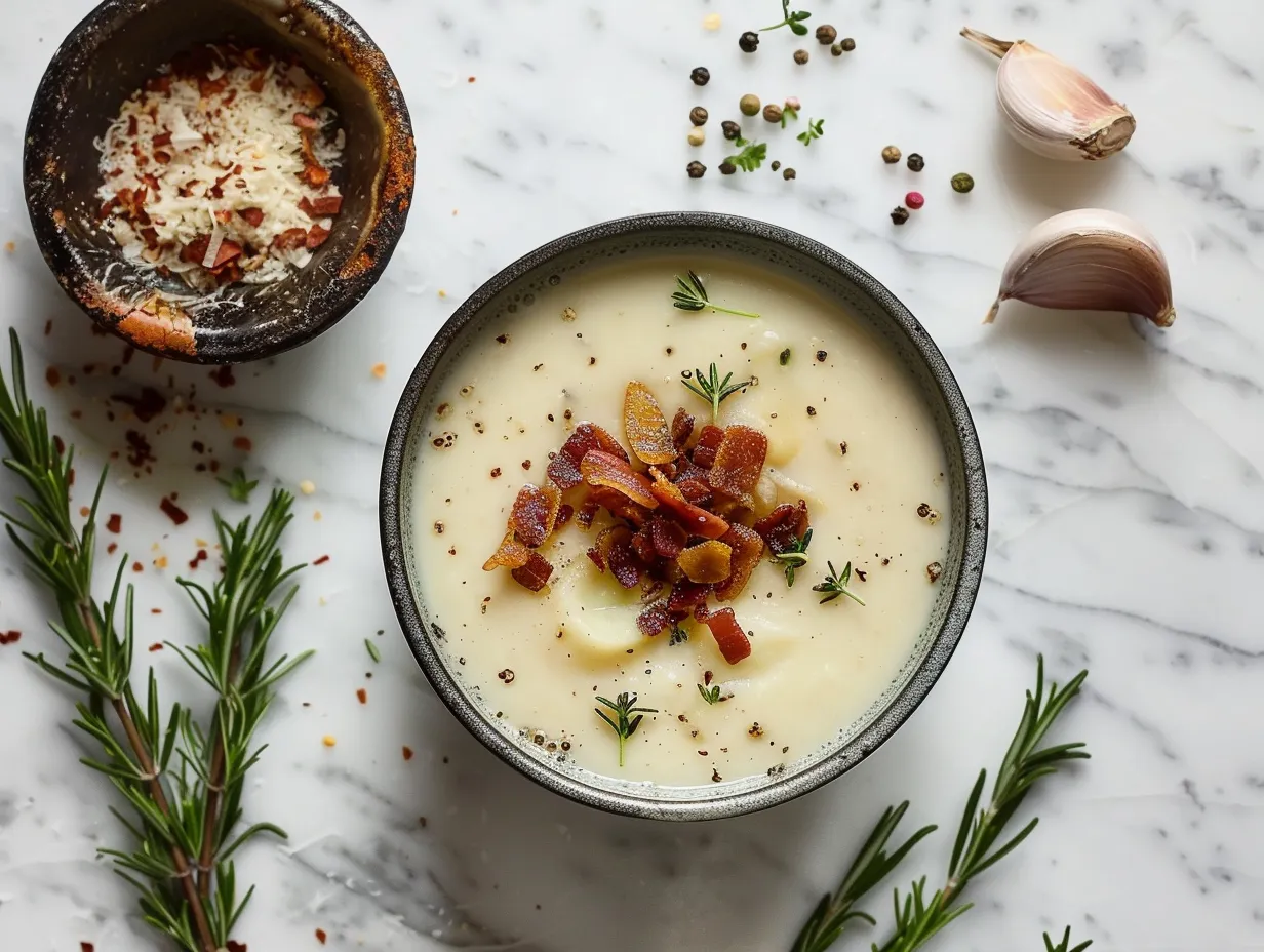 Raw ingredients including potatoes, bacon, and onions for making potato soup