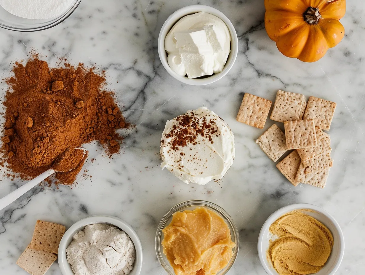 Raw ingredients for a perfect pumpkin cheesecake, including pumpkin puree, cream cheese, spices, and graham crackers.