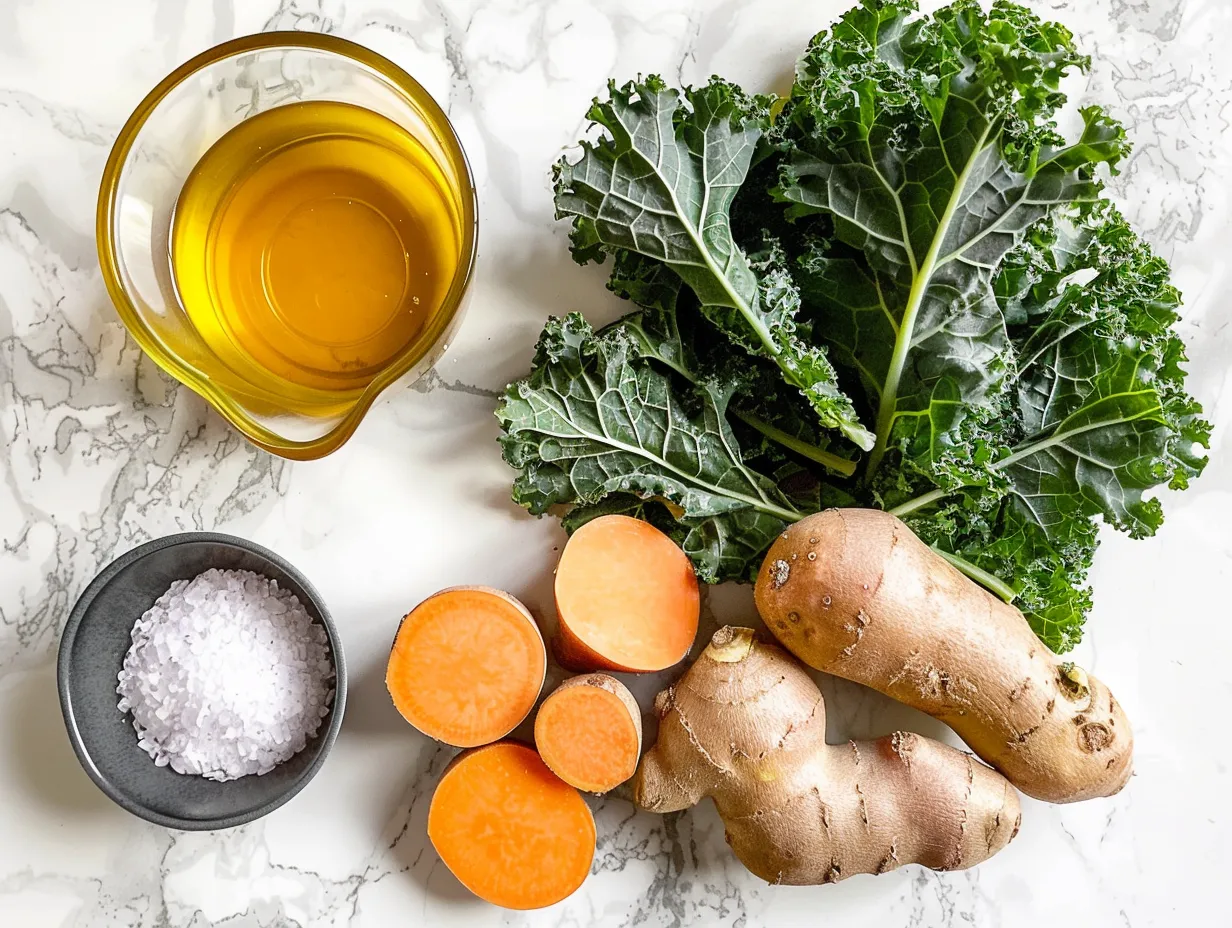 Raw ingredients needed for delicious sausage, sweet potato, and kale soup.