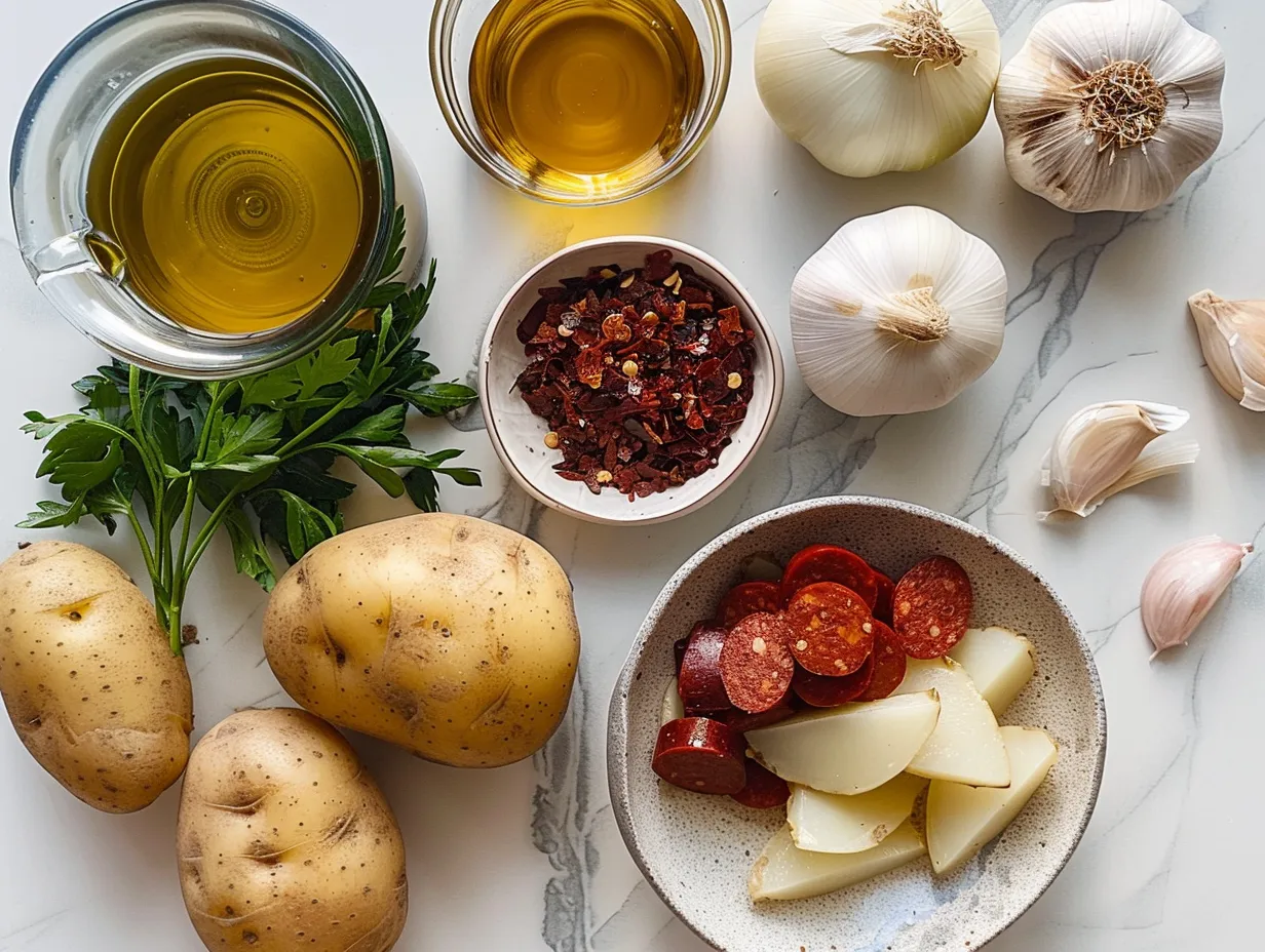 Raw ingredients for Spanish Potato Soup with Chorizo, including potatoes, chorizo, onion, garlic, and spices.