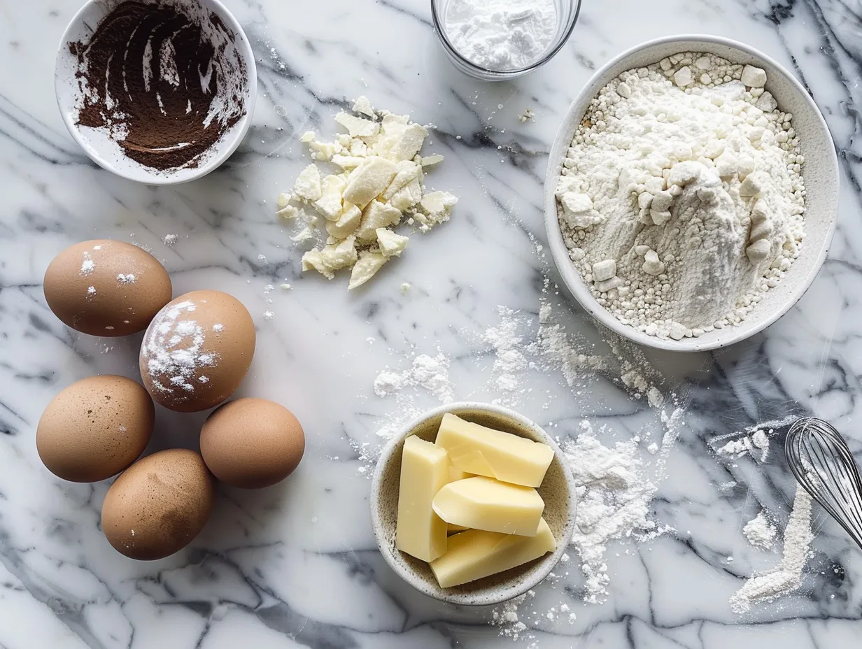 Raw ingredients for sugar cookies including flour, sugar, eggs, butter, and vanilla extract.