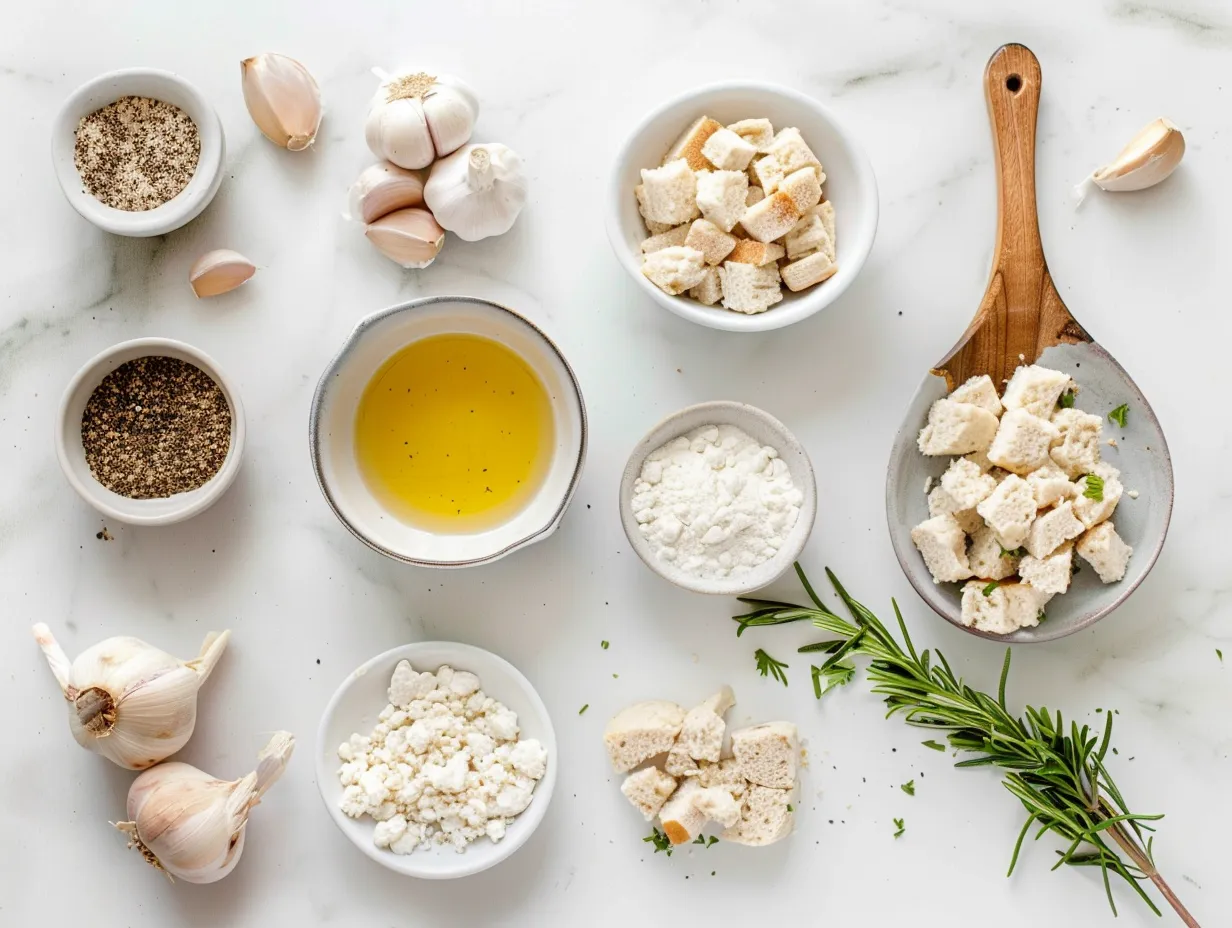 Raw ingredients for Turkey Crockpot Stuffing, including bread, celery, onion, butter, and spices.