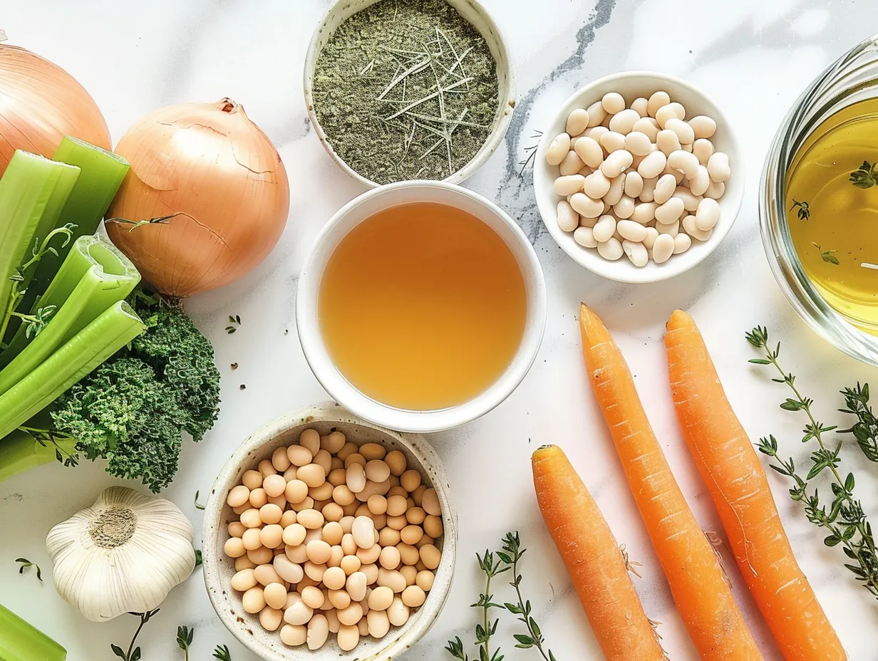 Raw ingredients for white bean soup including cannellini beans, garlic, herbs, and olive oil