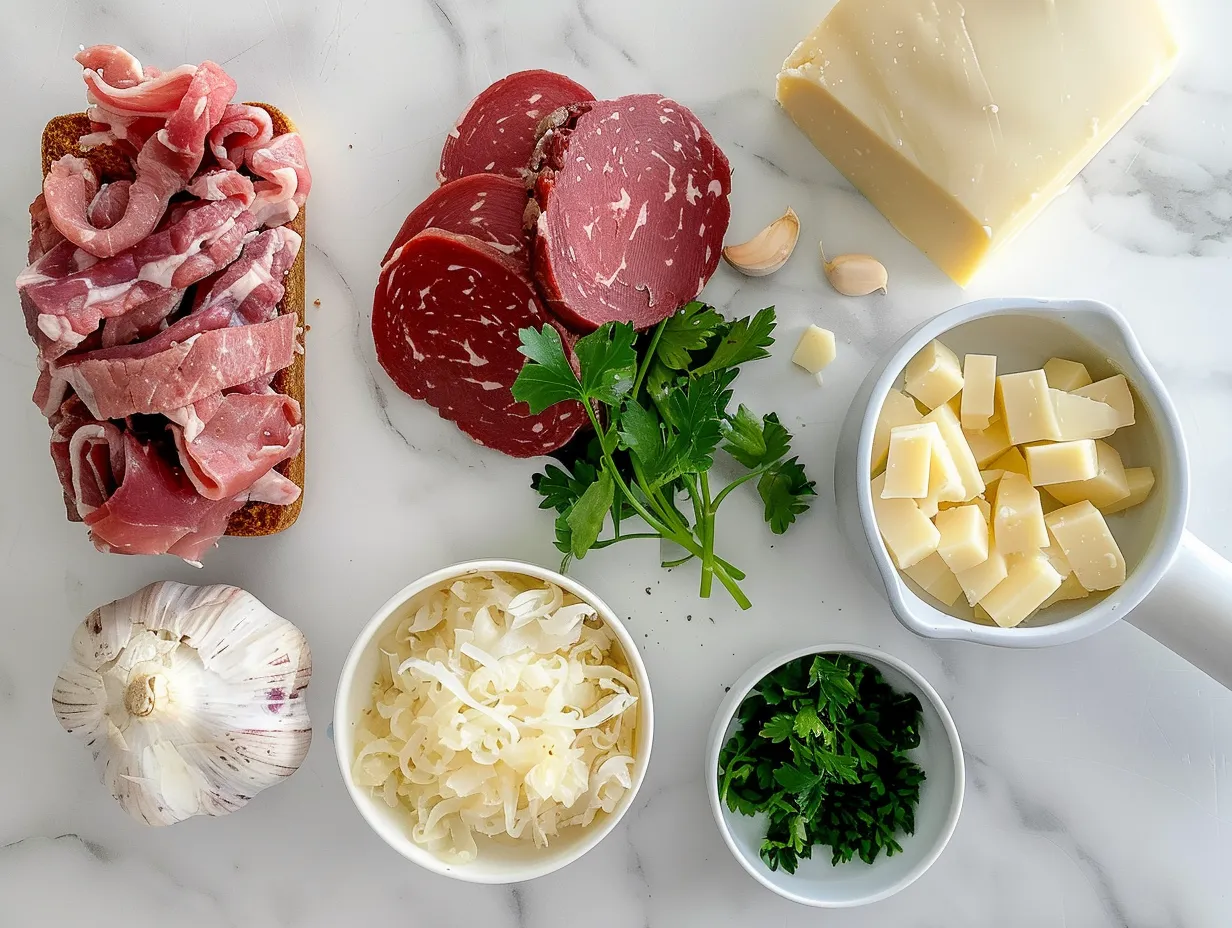Ingredients for Creamy Reuben Soup on a marble countertop