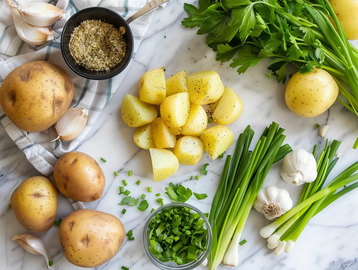 Ingredients for roasted garlic potato soup: potatoes, garlic, broth, onion, leeks, cream, olive oil, thyme, salt, and pepper.