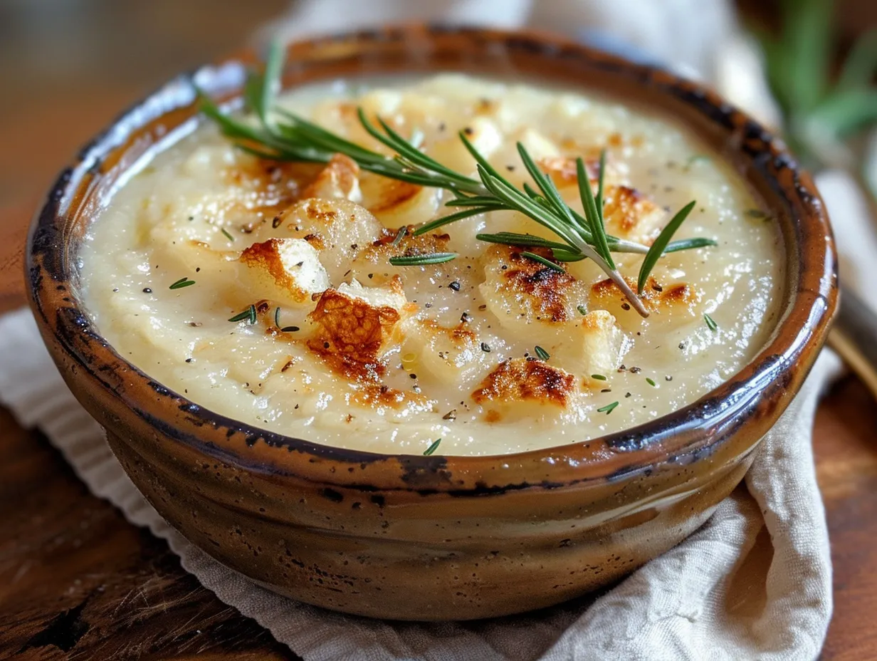 Plated roasted garlic potato soup with chives.