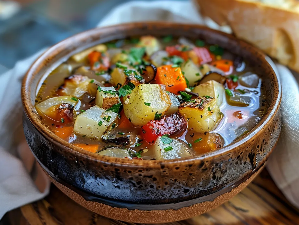 A bowl of warm and comforting homemade roasted vegetable soup
