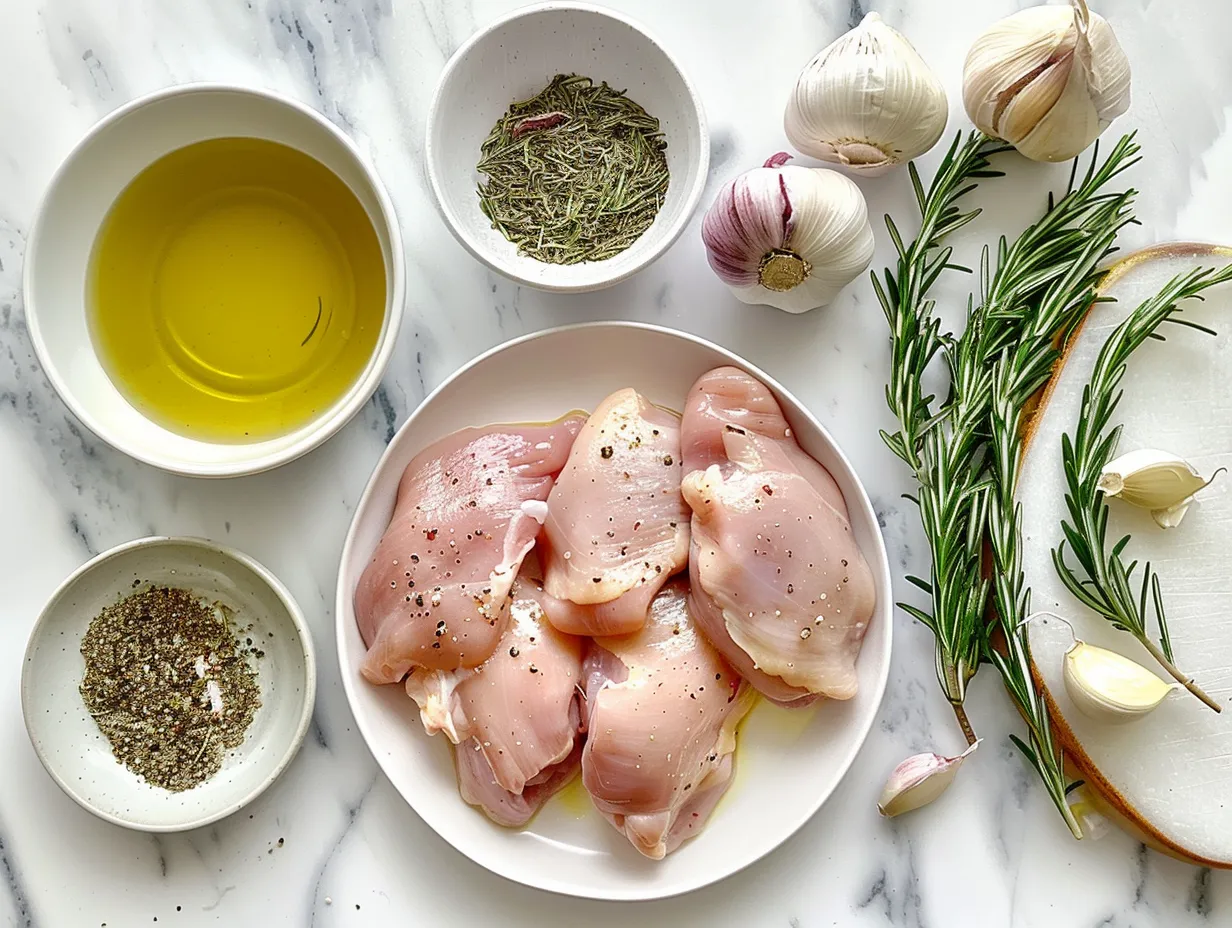 Ingredients for Rosemary Dijon Chicken including chicken breasts, Dijon mustard, rosemary, and garlic.