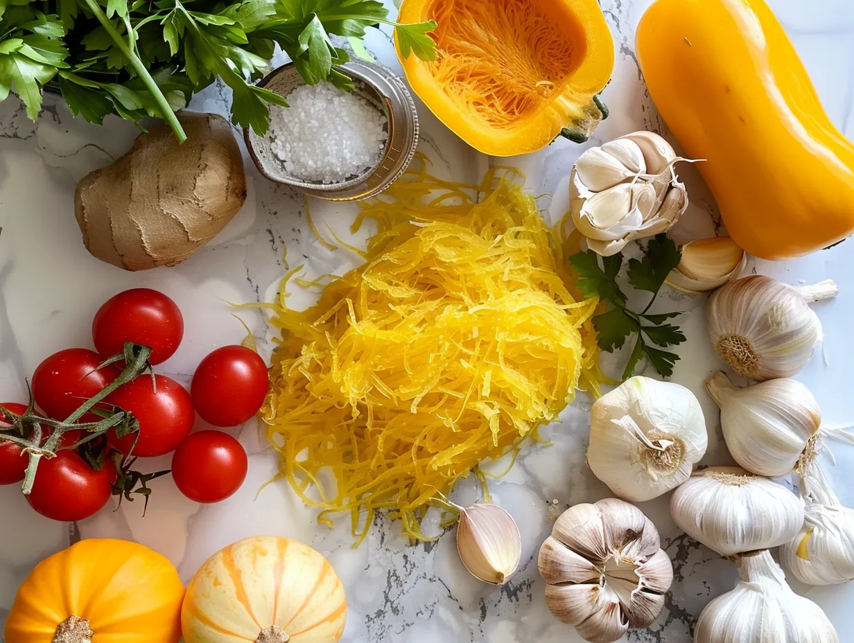 Ingredients for spaghetti squash dinner, including a spaghetti squash, tomatoes, garlic, onion, and spices.