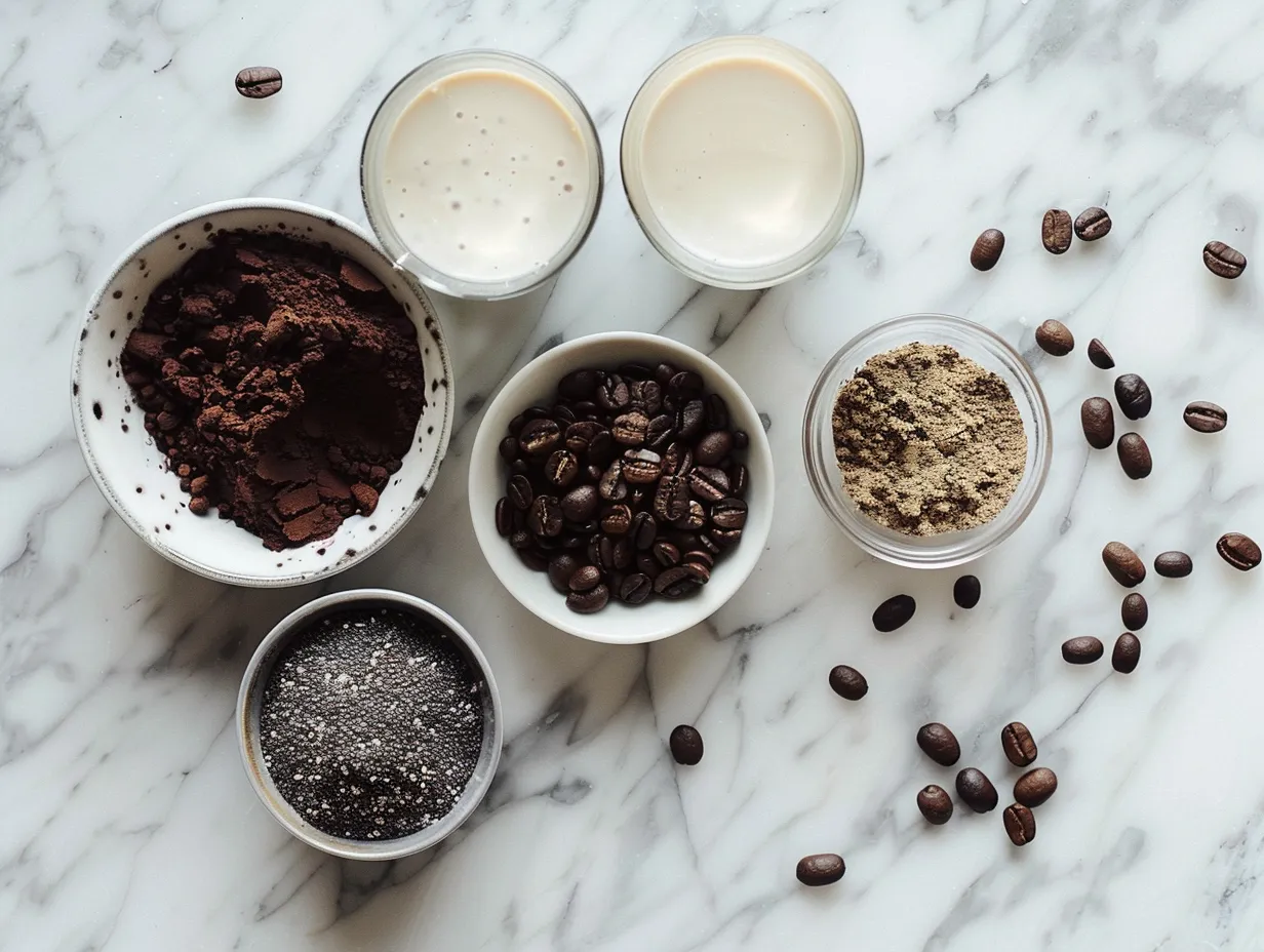 Ingredients for tiramisu chia pudding: chia seeds, almond milk, coffee, cocoa powder, maple syrup, vanilla, and mascarpone.