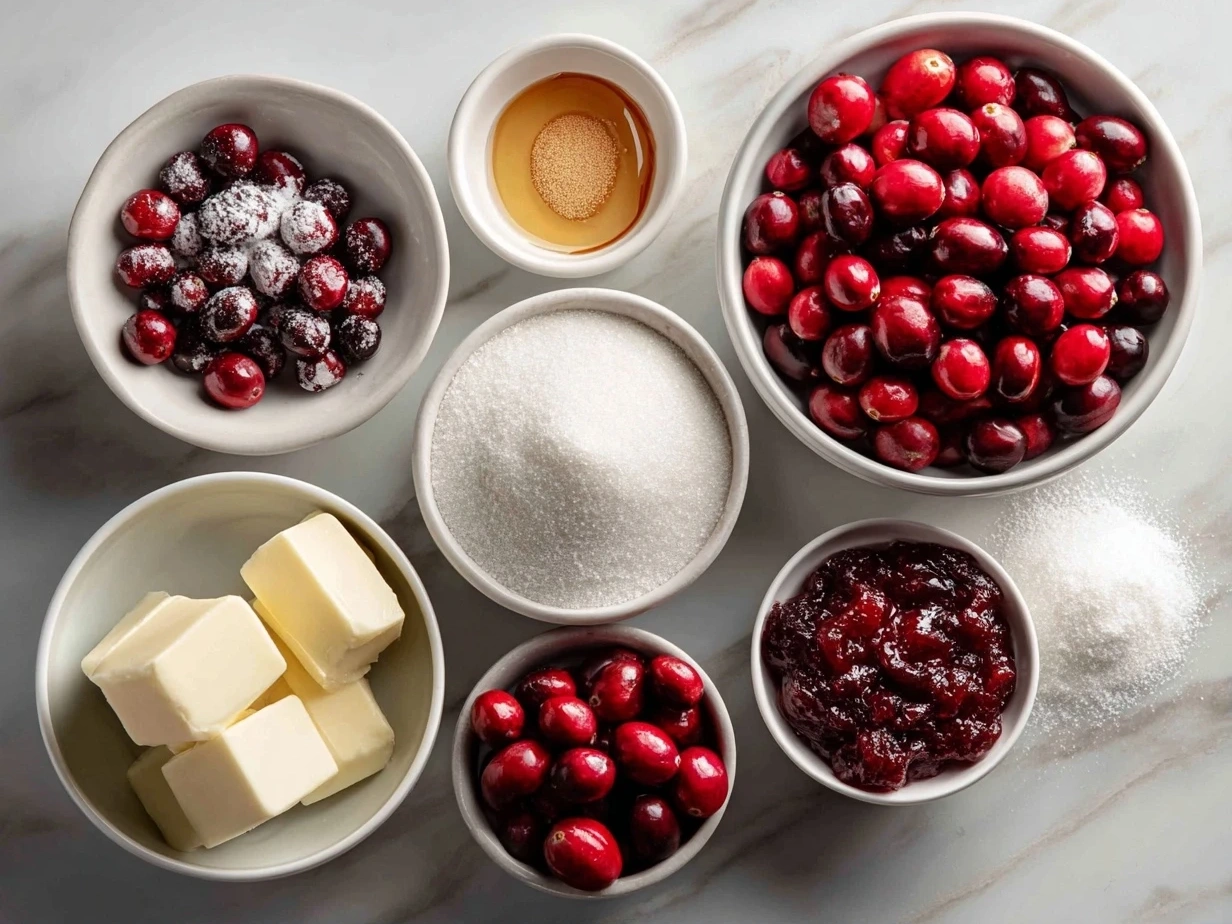 Ingredients for 3-Ingredient Sugared Cranberries: fresh cranberries, granulated sugar, and water.