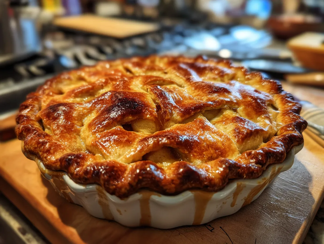 A complete Burnt Honey Pie presented on a rustic table.