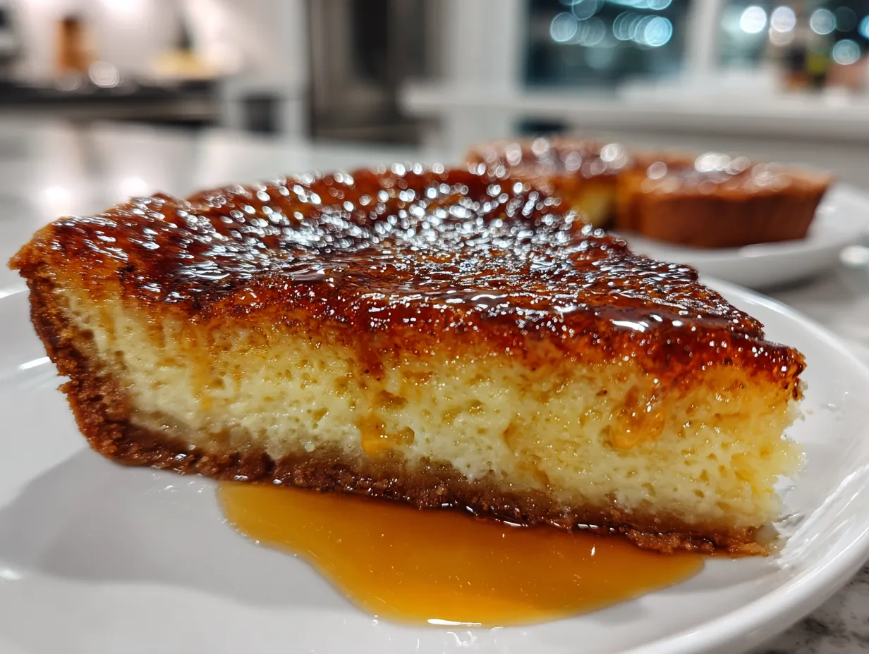 A golden-brown Burnt Honey Pie sits on a rustic wooden table, dusted with powdered sugar.