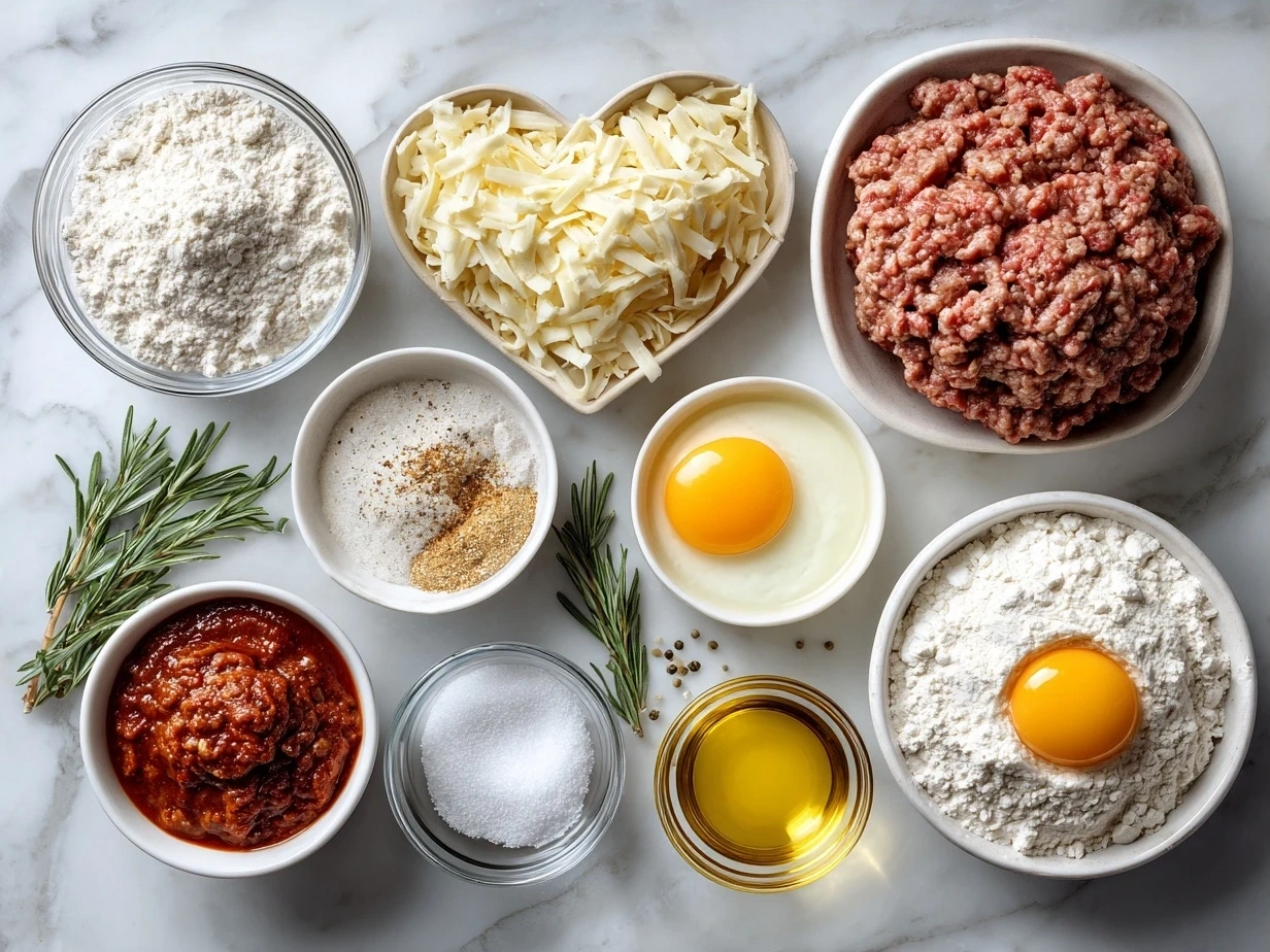 Ingredients for Amish Hamburger Steak Bake including ground beef, onions, garlic, potatoes, cheese, and spices.
