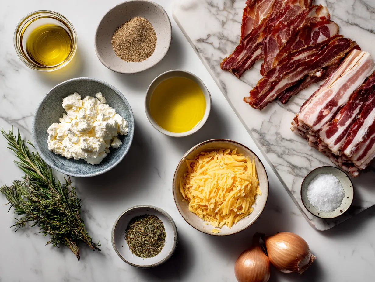 Ingredients for Bacon Cheddar Cheese Ball on a marble surface