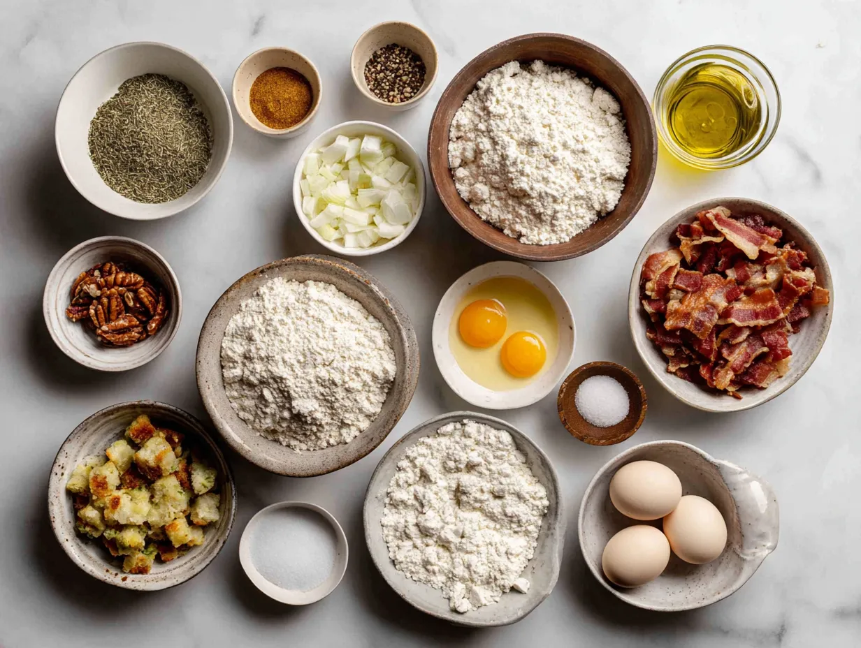 Ingredients for making bacon cornbread stuffing including bacon, cornbread, herbs, and vegetables
