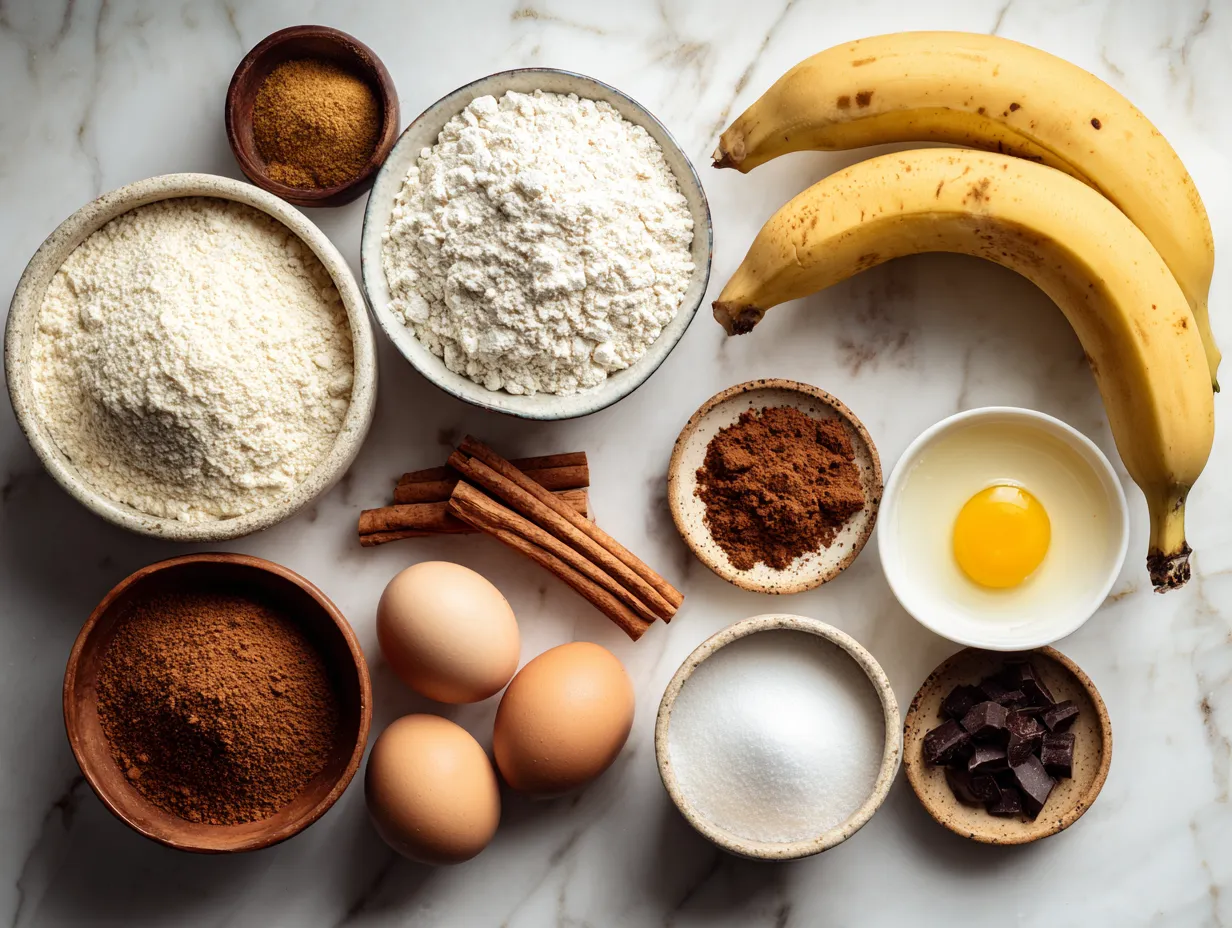 Ingredients for banana bread on a marble countertop