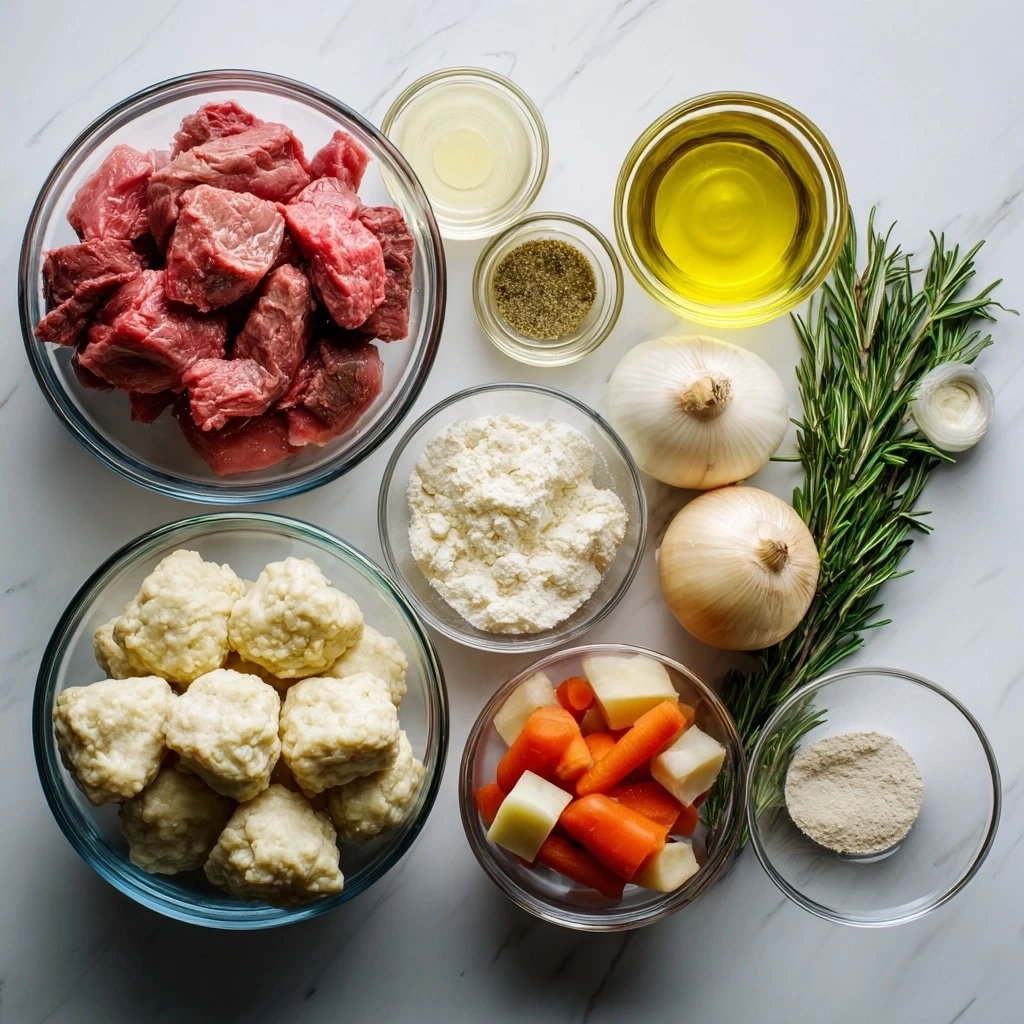 Ingredients for making beef stew and dumplings including beef, carrots, celery, potatoes, peas, flour, and spices.