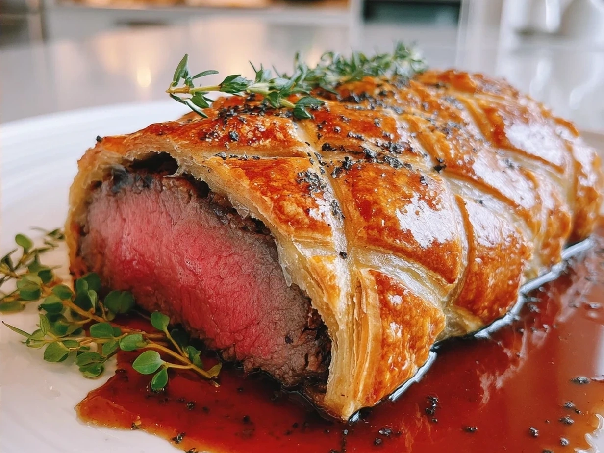 Finished Beef Wellington sliced and ready to serve.