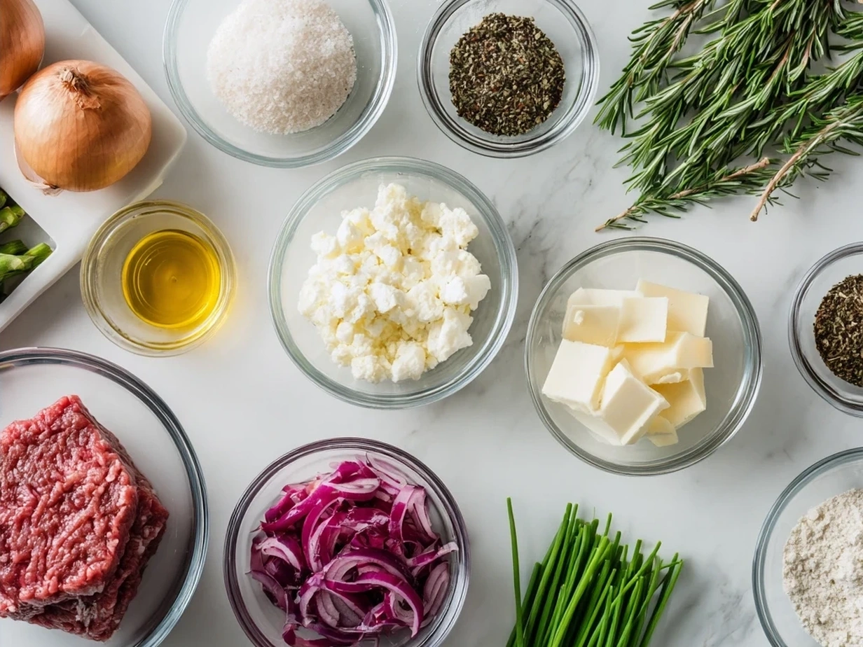 Ingredients for Beef Wellington, including beef tenderloin, mushrooms, shallots, garlic, sherry, thyme, Dijon mustard, puff pastry, prosciutto, and eggs.