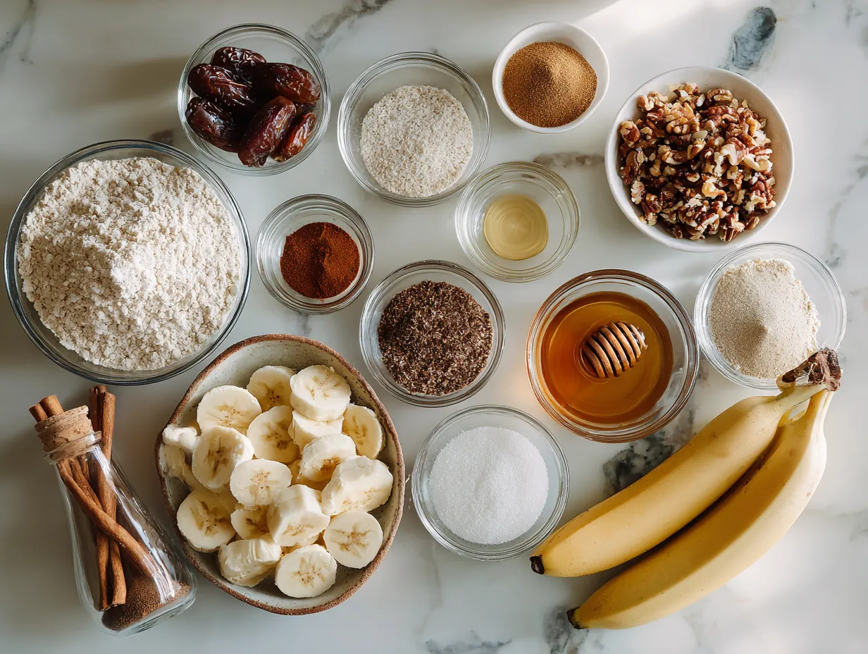 Ingredients for Carrot Cake Banana Bread including flour, spices, bananas, carrots, and nuts.