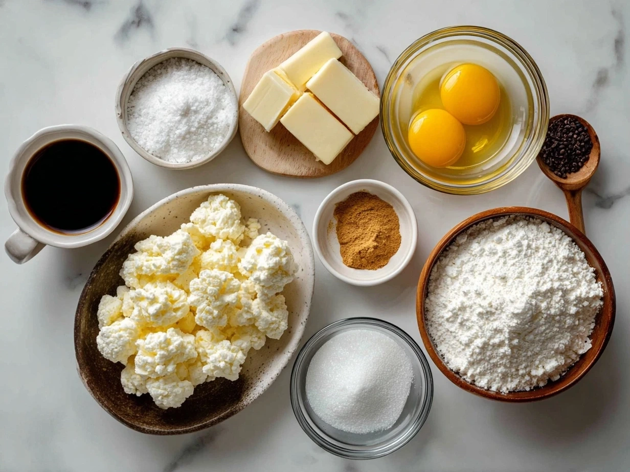 A variety of raw ingredients for making cheese fondue are laid out on a wooden surface. The ingredients include shredded Gruyère and Emmental cheese, a clove of garlic, a bottle of white wine, a lemon, cornstarch, nutmeg, and black pepper.