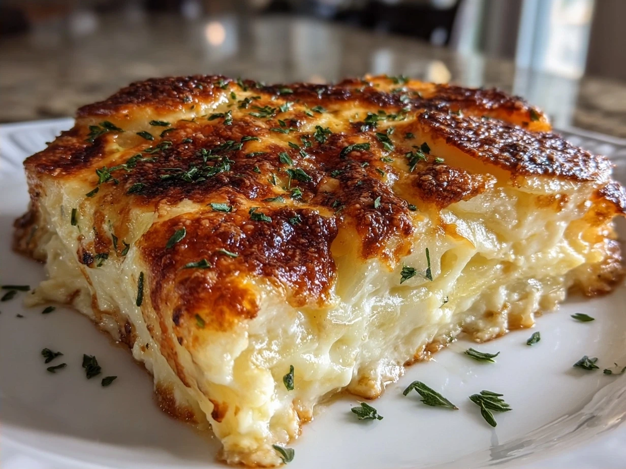Cheesy Au Gratin Potatoes Recipe plated with fresh parsley garnish