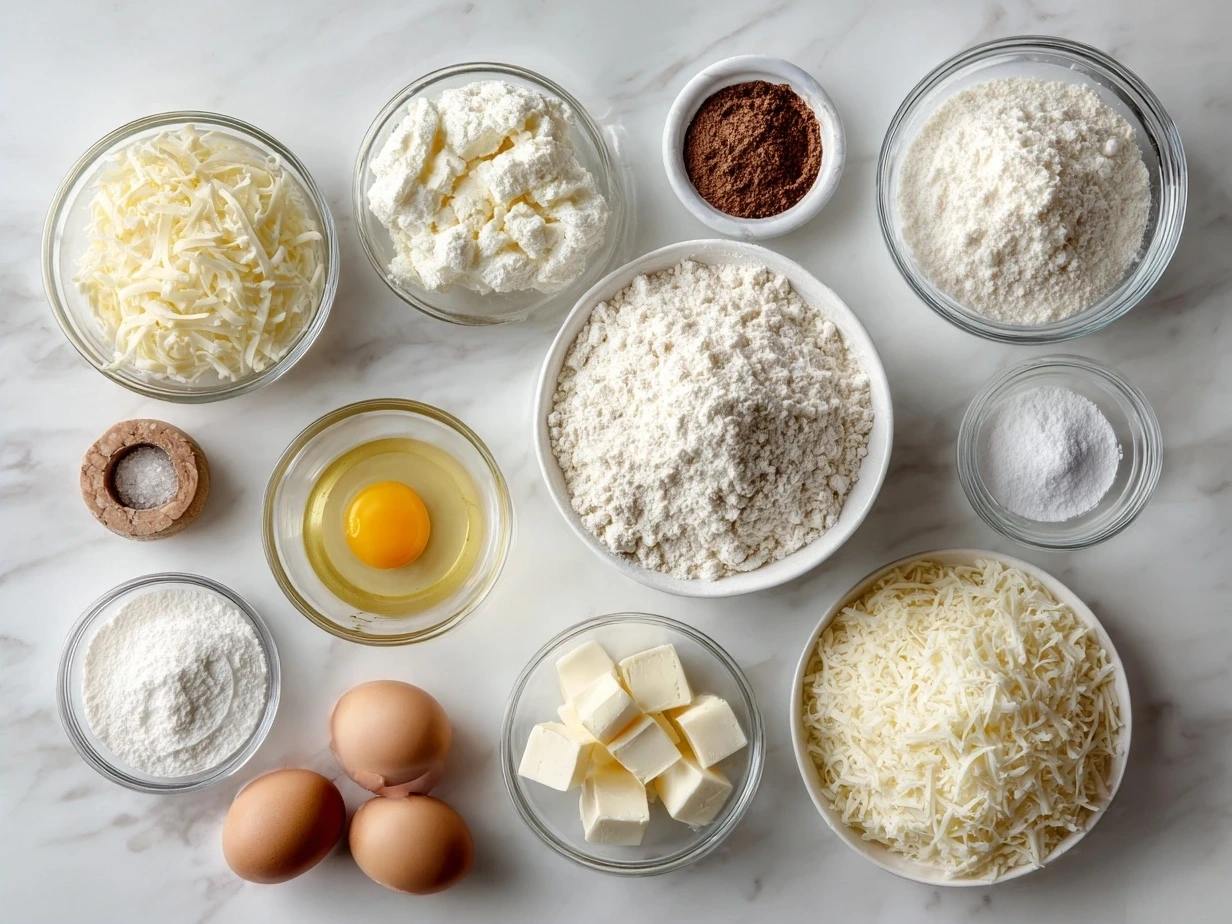 Ingredients for Cheesy Au Gratin Potatoes Recipe including potatoes, cheese, onion, garlic, and spices
