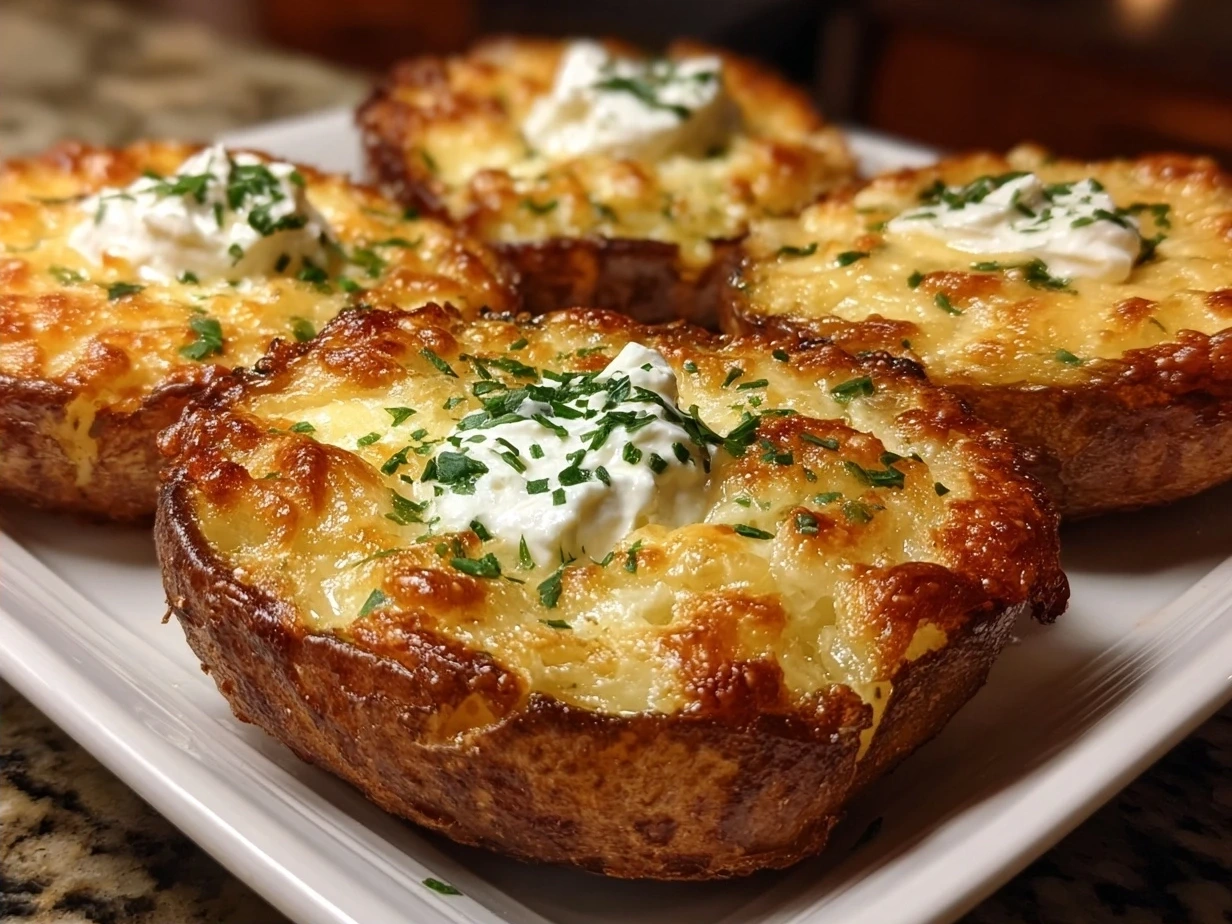 Cheesy potato skins plated with sour cream and chives.