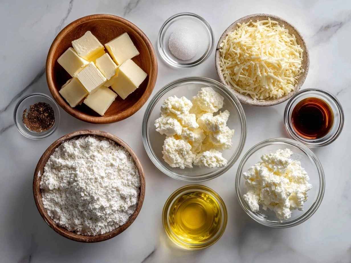 Ingredients for cheesy potato skins including russet potatoes, olive oil, sea salt, black pepper, cheddar cheese, bacon, sour cream, chives, garlic powder, and smoked paprika.