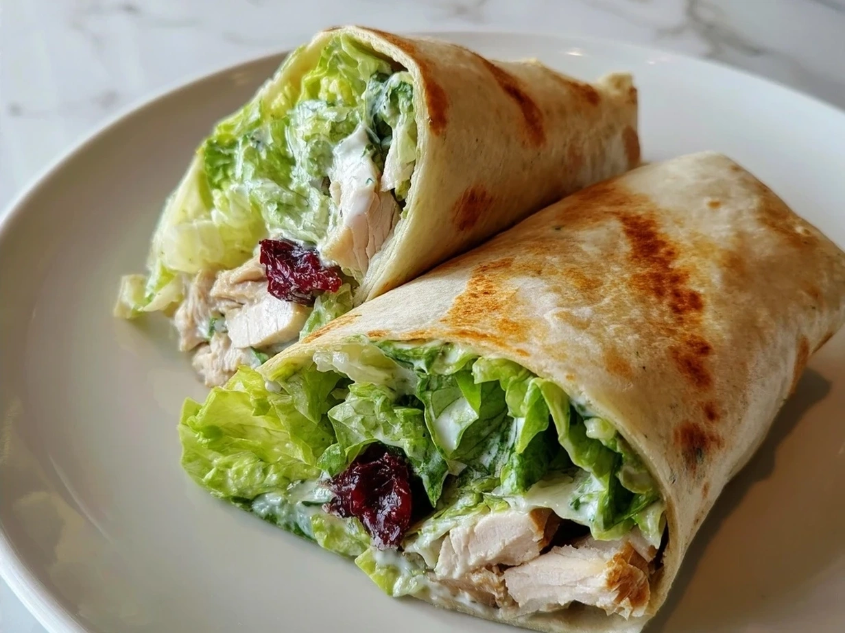 Chicken Caesar Wrap on a plate with a lemon wedge, ready to eat