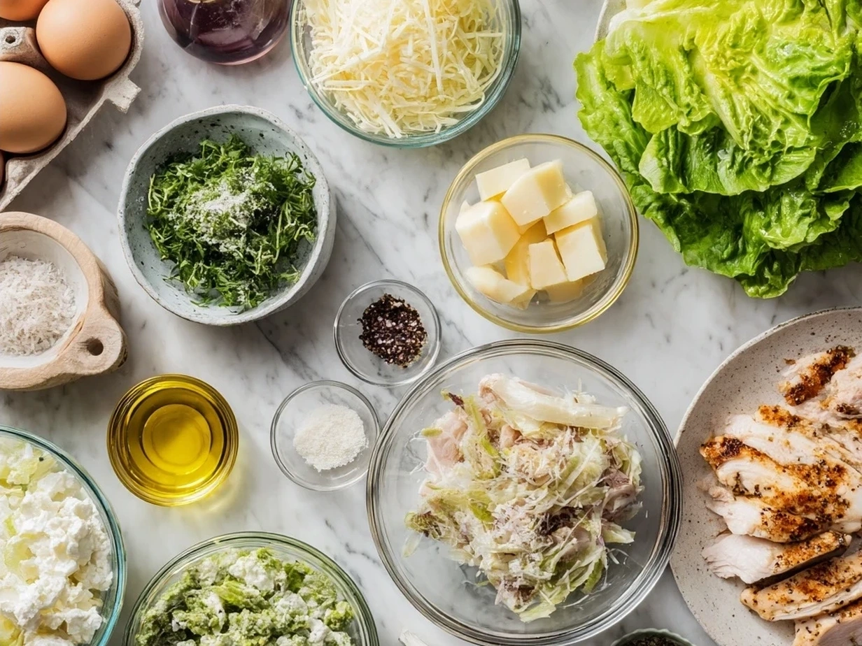 Chicken Caesar Wrap Ingredients: tortillas, chicken, Caesar dressing, romaine lettuce, Parmesan cheese, croutons, olive oil, garlic powder, black pepper, salt, lemon wedges