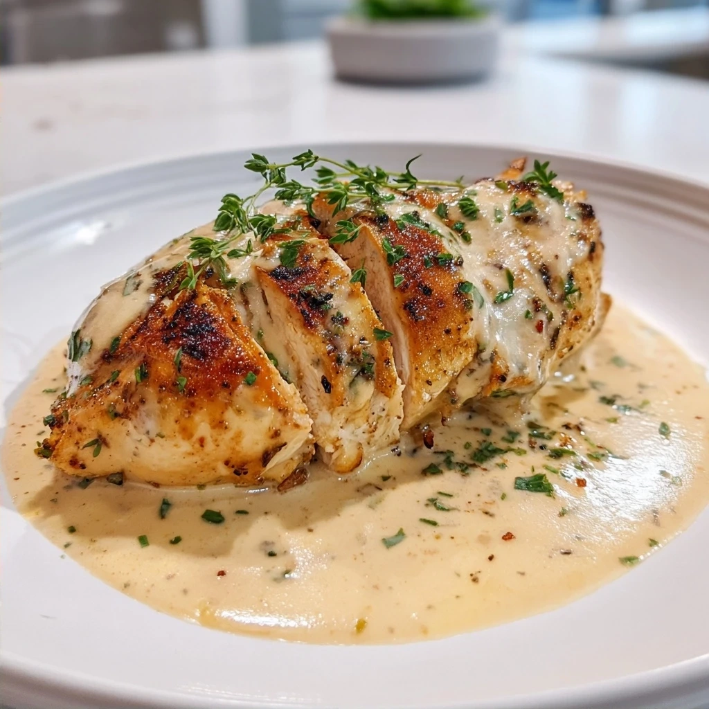 Finished Chicken with Boursin Sauce plated and garnished with parsley