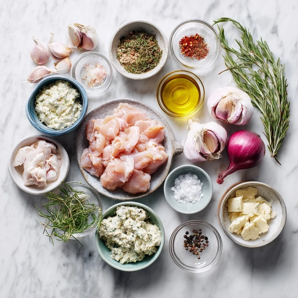 Ingredients for Chicken with Boursin Sauce including chicken breasts, Boursin cheese, chicken broth, parsley, garlic, olive oil, butter, and lemon