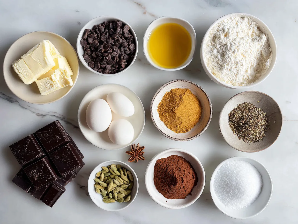 Ingredients for Chocolate Mousse Cake including chocolate, flour, eggs, and berries