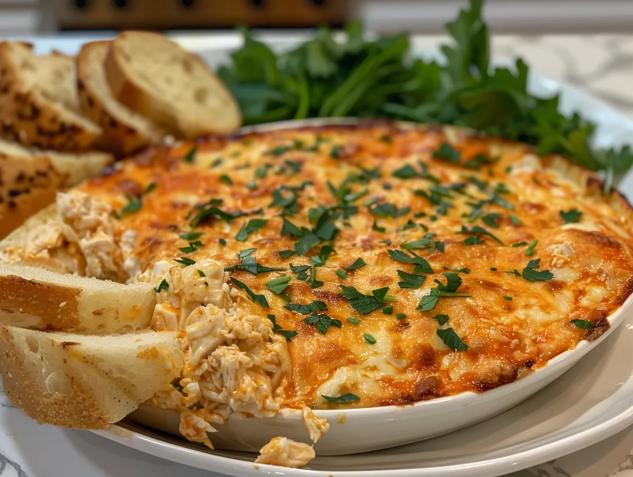 Close-up of freshly made Spicy Buffalo Chicken Dip.