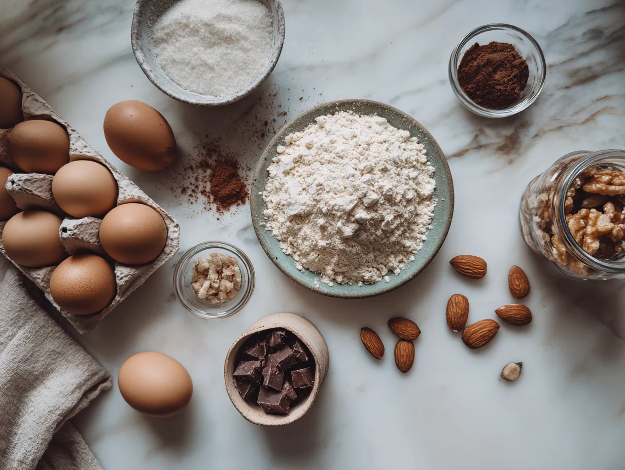 Ingredients for making Pumpkin Cheesecake Brownies including pumpkin puree, cream cheese, cocoa powder, and spices