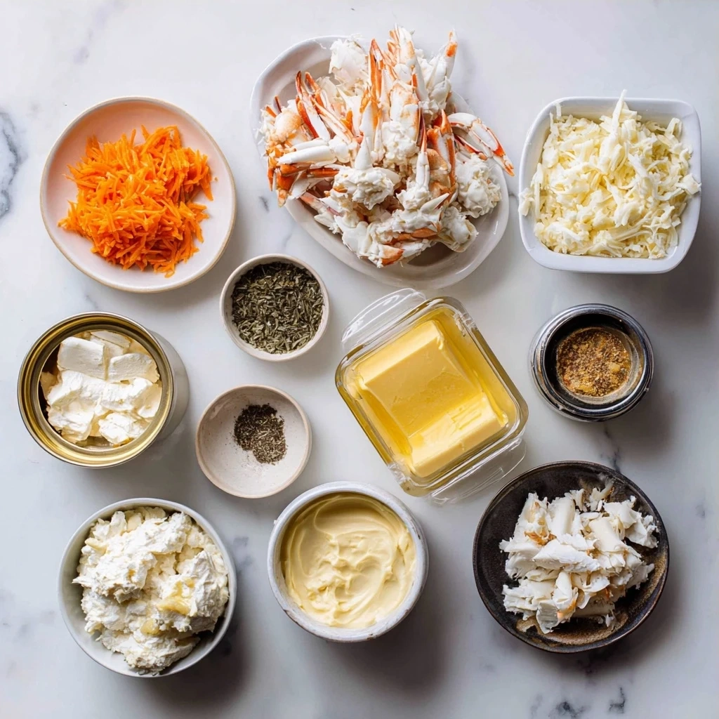 Ingredients for crab dip recipe including cream cheese, mayonnaise, crab meat, and spices