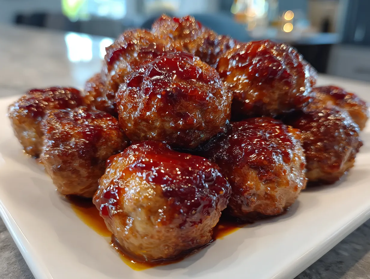 Finished cranberry bbq crockpot meatballs ready to serve