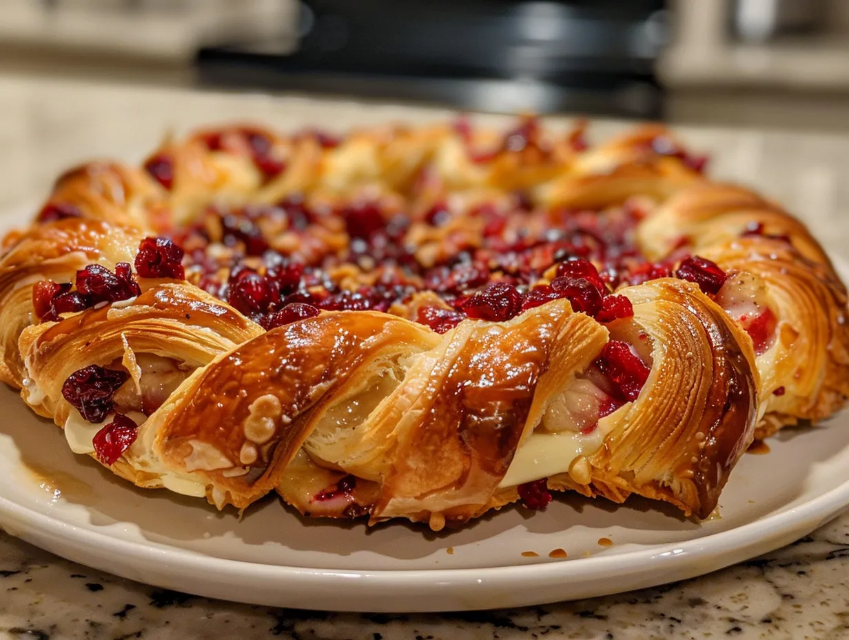 Cranberry Brie Crescent Wreath on festive holiday table